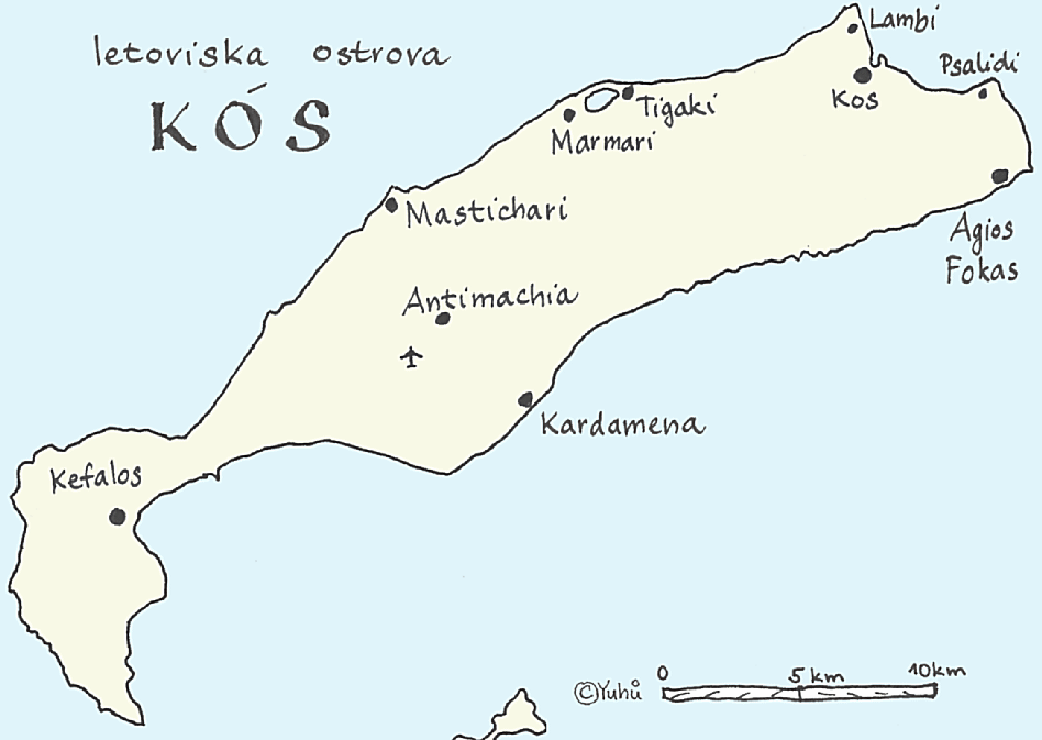 Mapka ostrova Kós s hlavními letovisky: Kos, Lambi, Psalidi, Agios Fokas, Kardamena, Kefalos, antimachia, Mastichari, Marmari, Tigaki