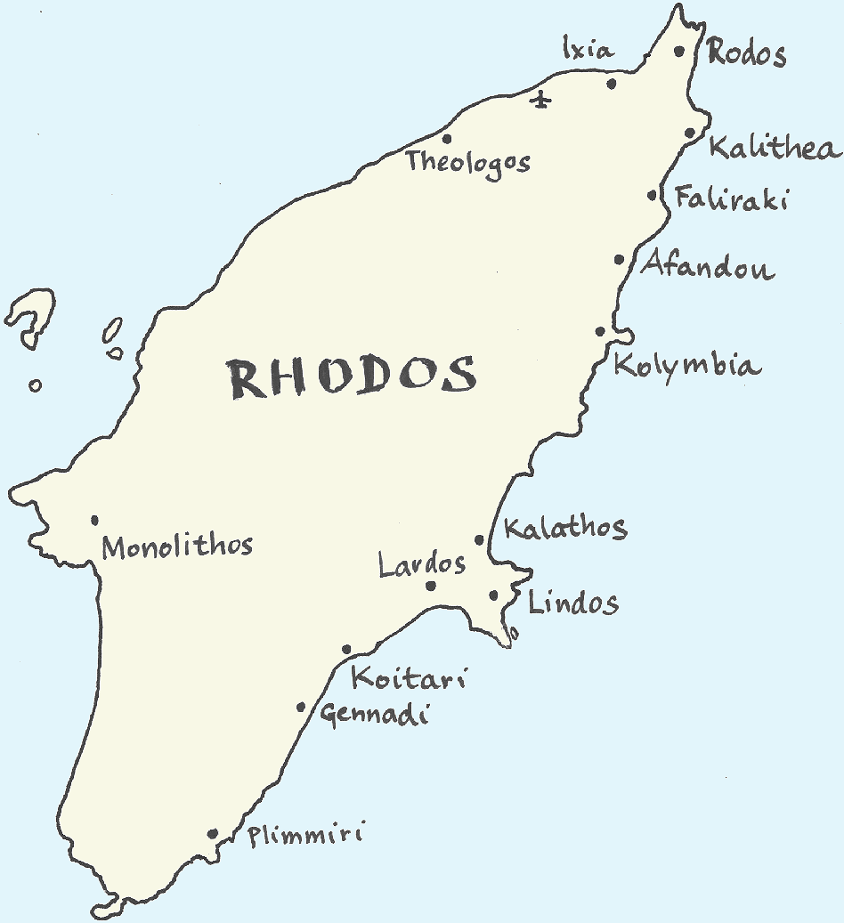 Mapa ostrova Rhodos, letoviska